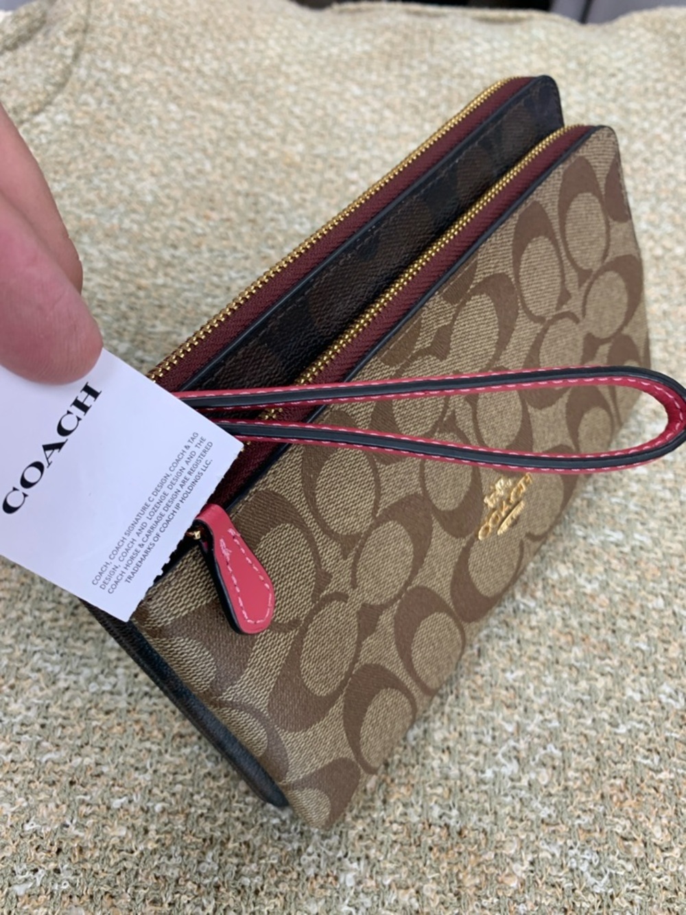 Coach Brown Signature Canvas Wristlet with Pink Strap - Picture 4 of 9